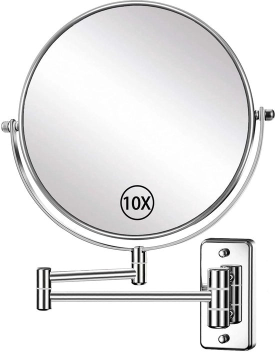 Specchio di trucco da parete con ingrandimento 1X/10X, rotazione 360°, montaggio a muro in acciaio inox, ideale per bagni, camere da letto, camere d'albergo e camerini