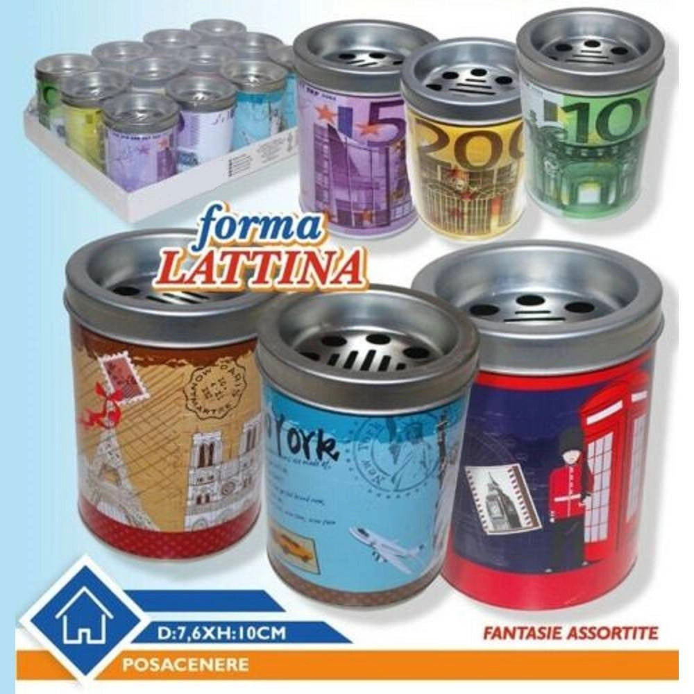 Trade Shop - Set 12 Pezzi Posacenere Ceneriera Metallico A Forma Di Lattina Colorato -