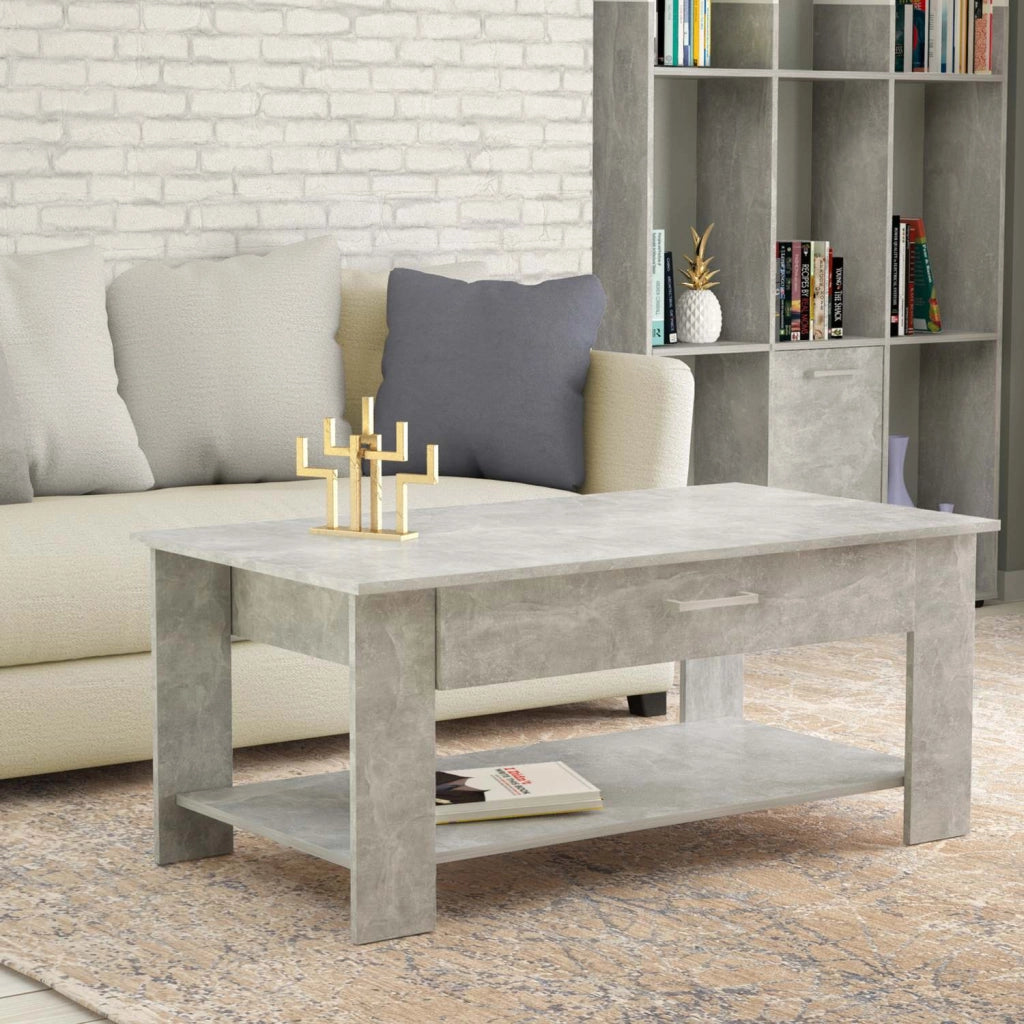 Tavolino da salotto di forma Rettangolare con cassetto e ripiano inferiore di colore Grigio effetto cemento mod. Myrto
