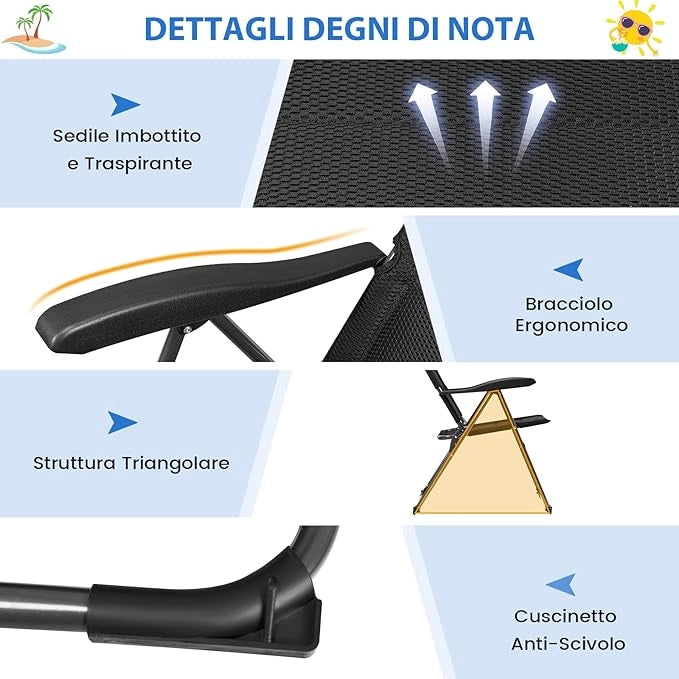 Set di 2 Sedie da Giardino, Poltrona Reclinabile da Giardino con Schienale Regolabili a 7 Posizioni, Sedia Pieghevole Imbottite per Giardino,Spiaggia, Portata 136 kg