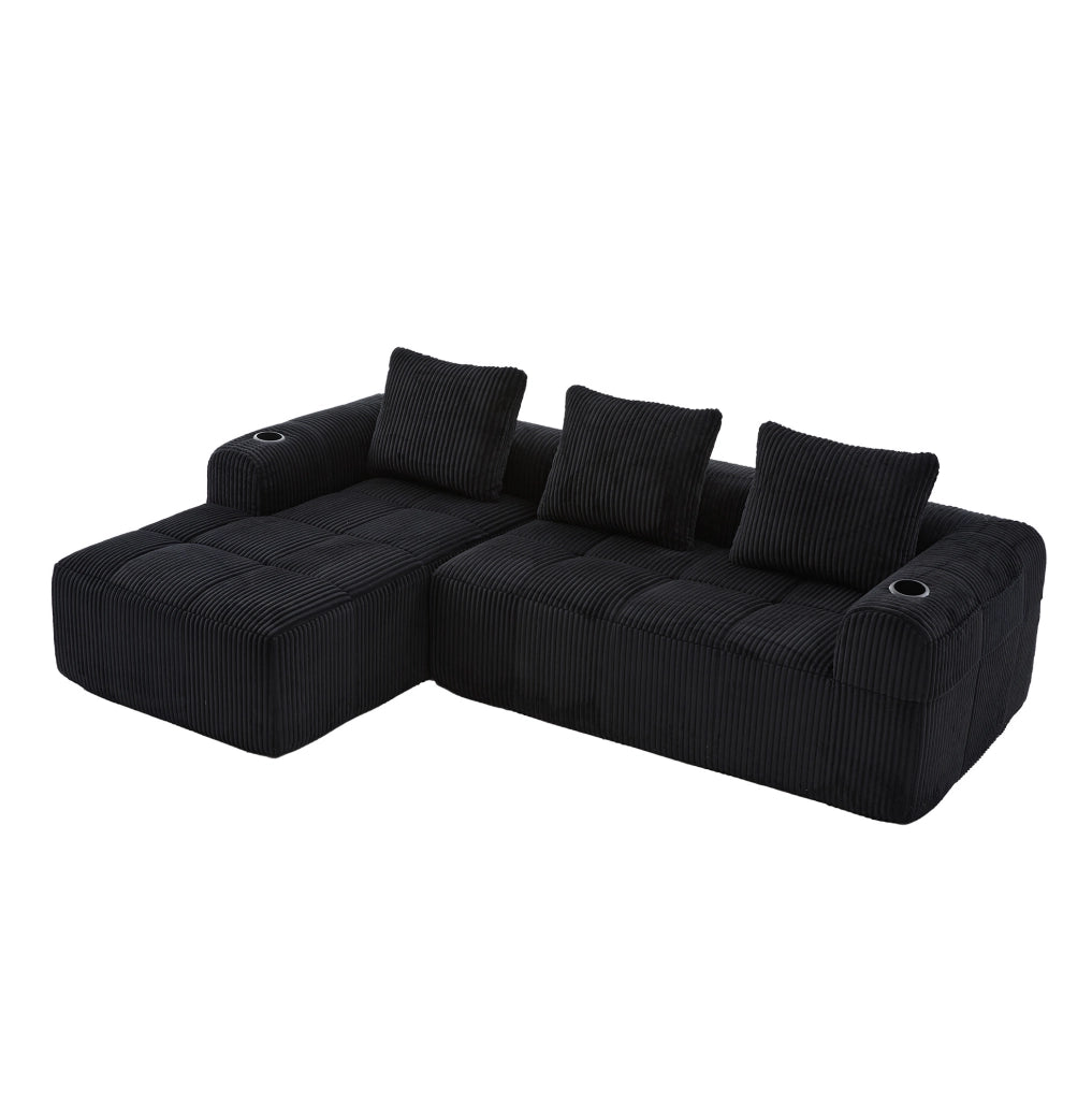 Divano 253x158x61 cm modulare DIY con tasche laterali e portabicchieri in tessuto cord nero