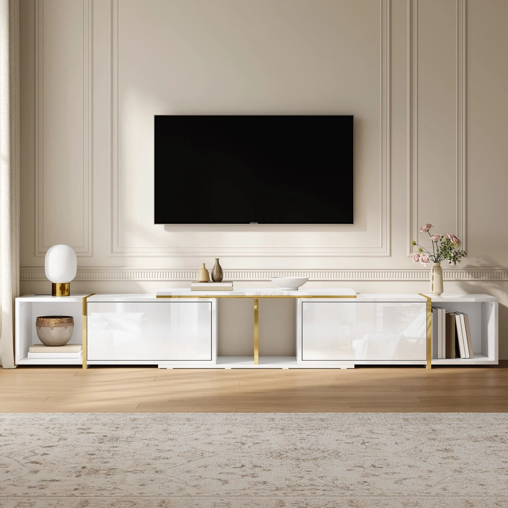 Mobile TV estensibile con frontali lucidi; 2 vani aperti e spazi chiusi; per soggiorno; 275 × 35 × 37 cm