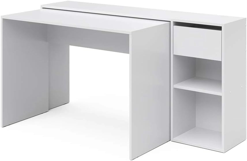 Scrivania Ben, Bianco, 145 x 46.4 cm, con piano di lavoro e ripiani aperti per l'organizzazione
