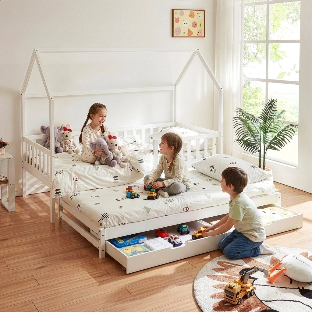 Letto a Casetta per Cameretta Aarghonmaa in Legno di Pino con Letto Estraibile 1 Materasso 90x200 cm e 2 Cassetti - Bianco [en.casa]