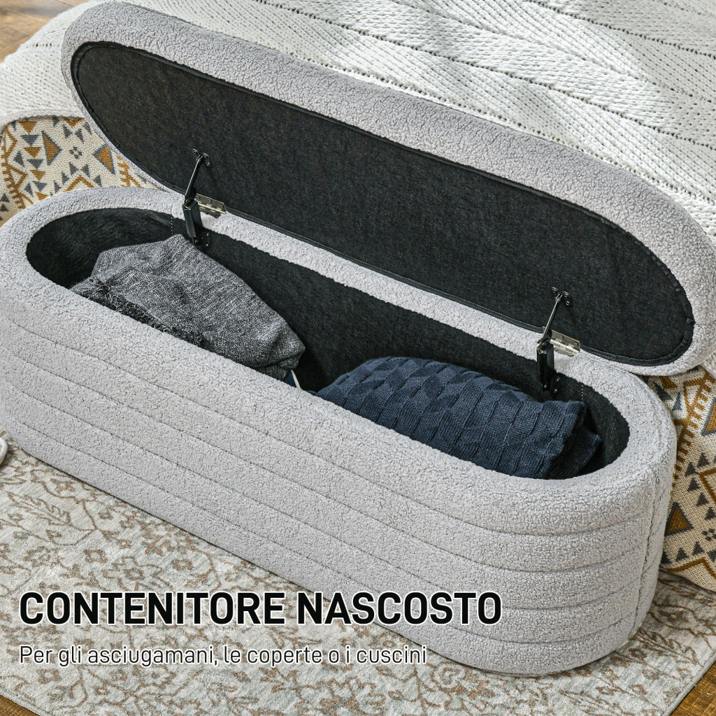Panca Contenitore Fondo Letto 116x41x40,5 cm in Tessuto Teddy Grigio Chiaro