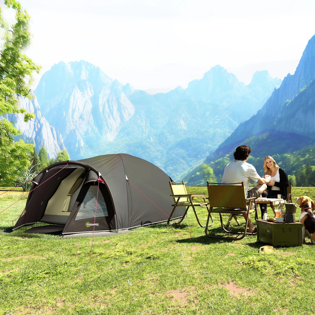 Tenda a Tunnel per 2 Persone con Finestre Laterali e Gancio, in Poliestere 190T e PE, 3.3x1.9x1.2 m, Nero