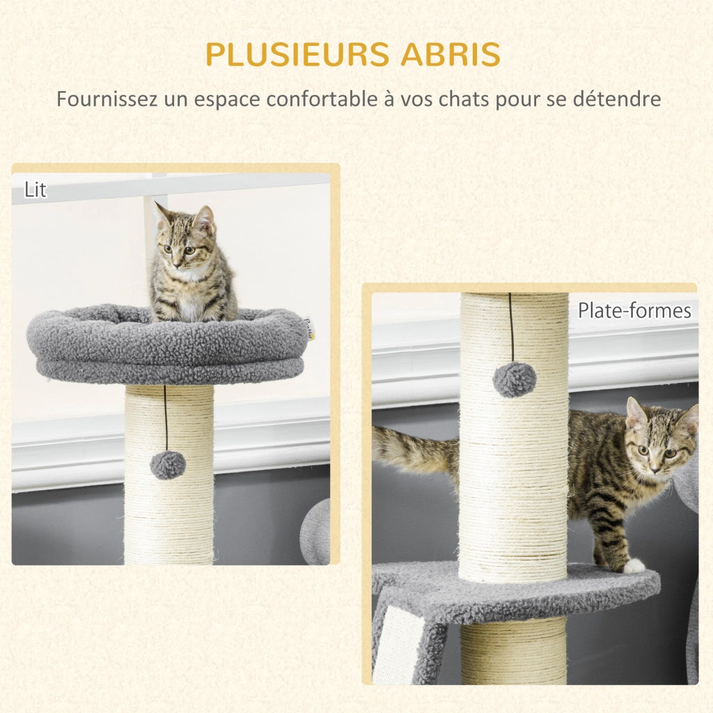 Albero per gatti con tronco griffaio in sisal, palle sospese e piattaforma ¨C zephmum ¨C grigio 92 cm