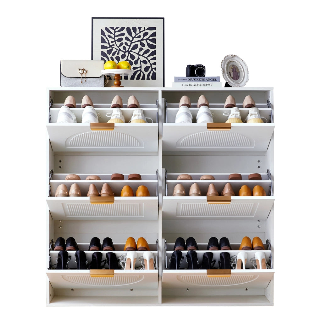 OKWISH Scarpiera con 6 Ribalte e Ripiani Aperti, Ripiani Regolabili, per Ingresso, MDF, Bianco, 118 x 25 x 115 cm