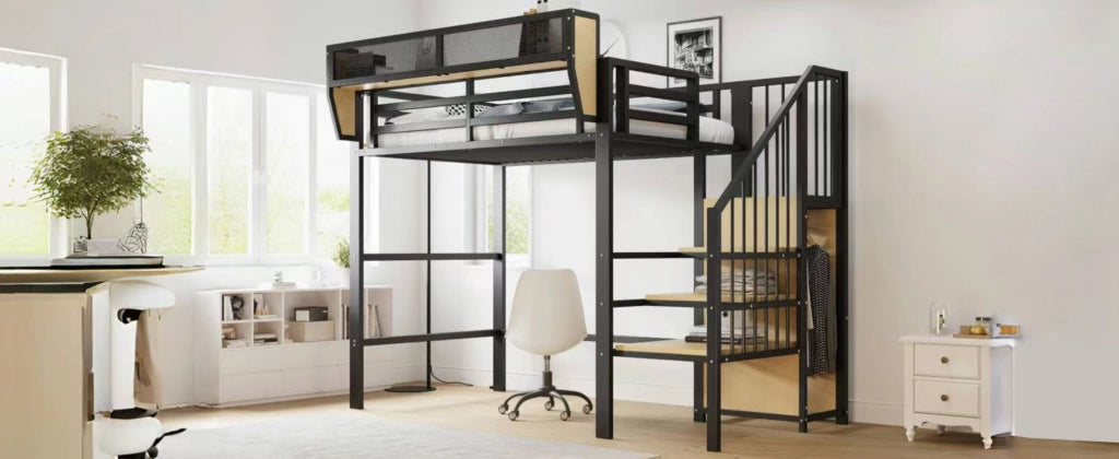 DESMIU Letto a soppalco singolo con scala di sicurezza e ripiano regolabile 90 × 200 cm, senza materasso, nero