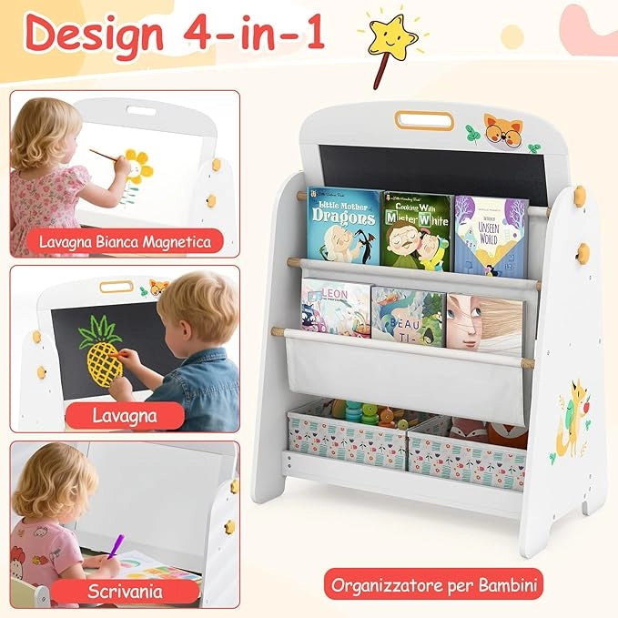 Set Tavolo e Sedia per Bambini, Lavagnetta Cancellabile Bambini con Sedia, Scaffale, 2 Contenitori in Tessuto, Gomma e Gessetti, Tavolino per Cameretta (Naturale)