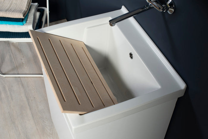 Mobile Lavatoio in Ceramica 2 Ante con Strofinatoio in Legno Massello 60x50x86A cm Grigio Cemento