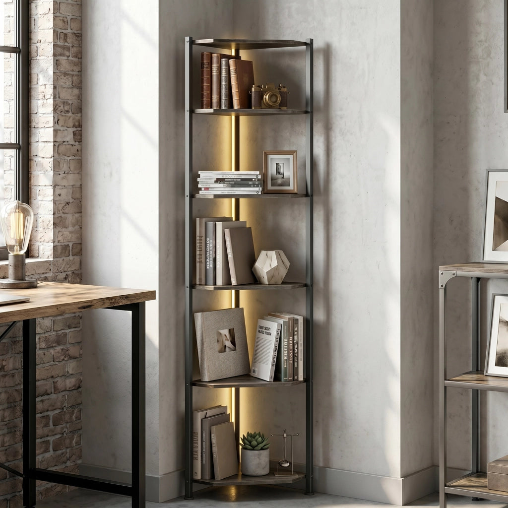 Libreria angolare 5 livelli con LED ¨C zephmum ¨C Rustico Marrone 100x30x200