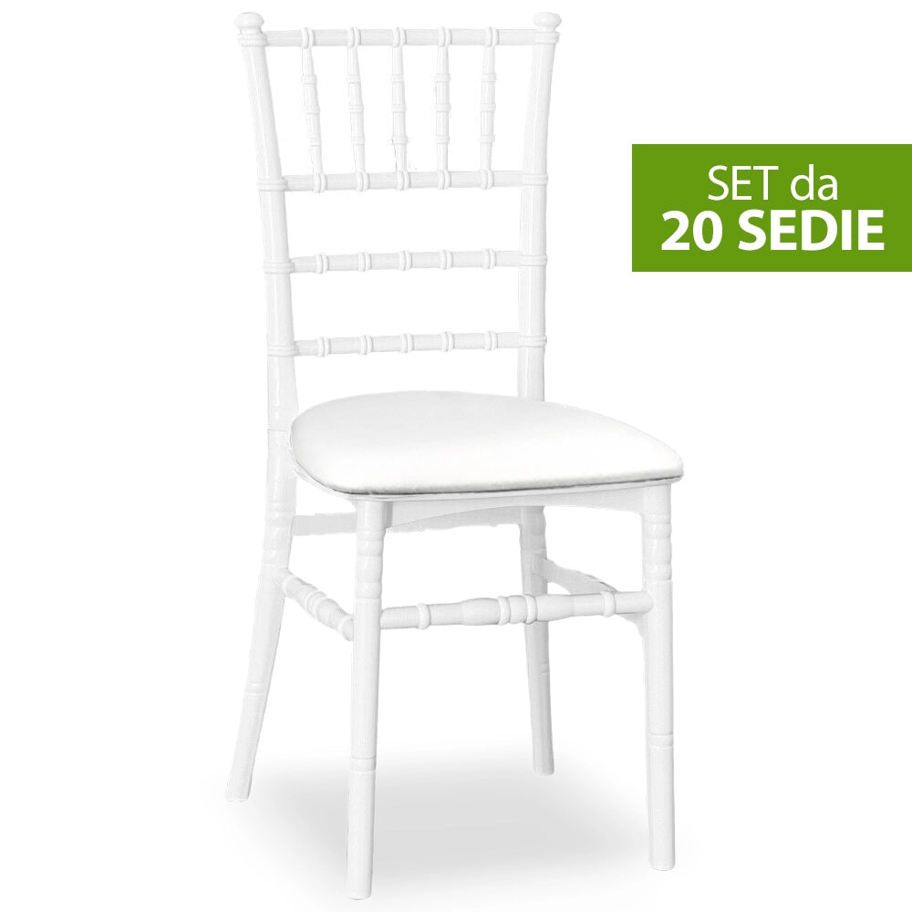 Set da 20 Sedie Chiavarine Bianche in Plastica con cuscino similpelle bianco