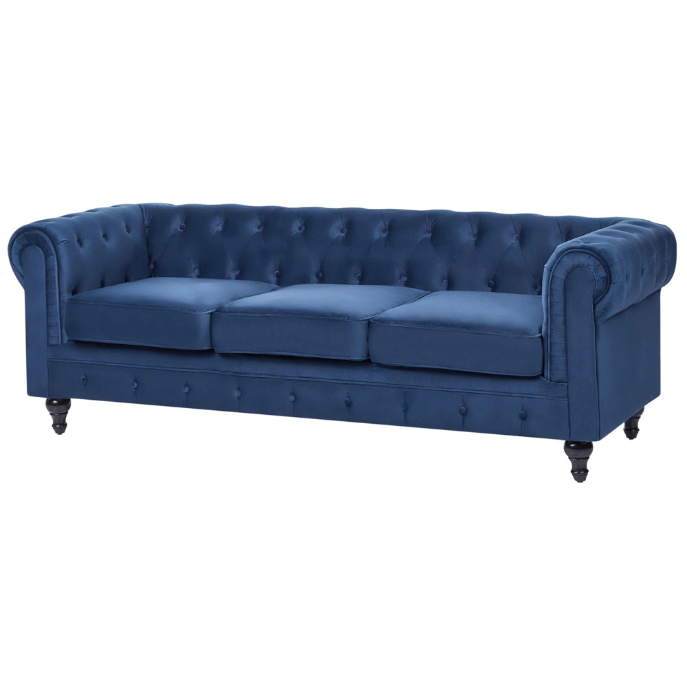 Chesterfield Soggiorno Set Rivestimento in Tessuto Velluto Blu Gambe in Legno Scuro Divano a 3 Posti + Poltrona Contemporanea