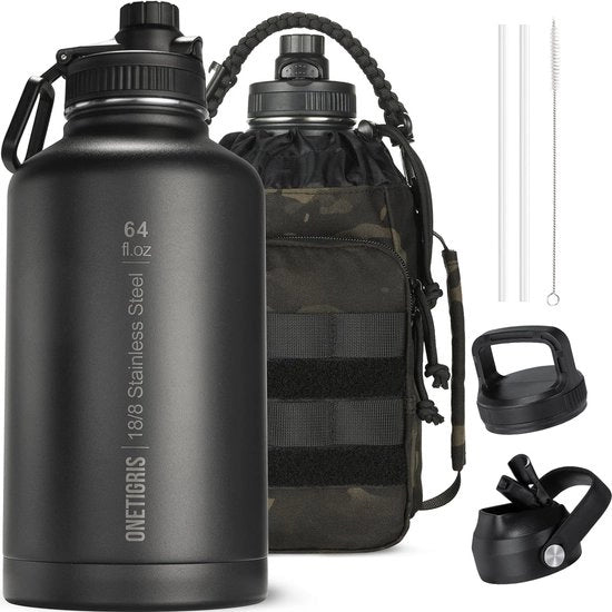 Bottiglia sportiva in acciaio inossidabile, 1,9 litri, alta capacità, isolante, adatta per bicicletta, campeggio, yoga, palestra, softair, nero mimetico, 64 oz