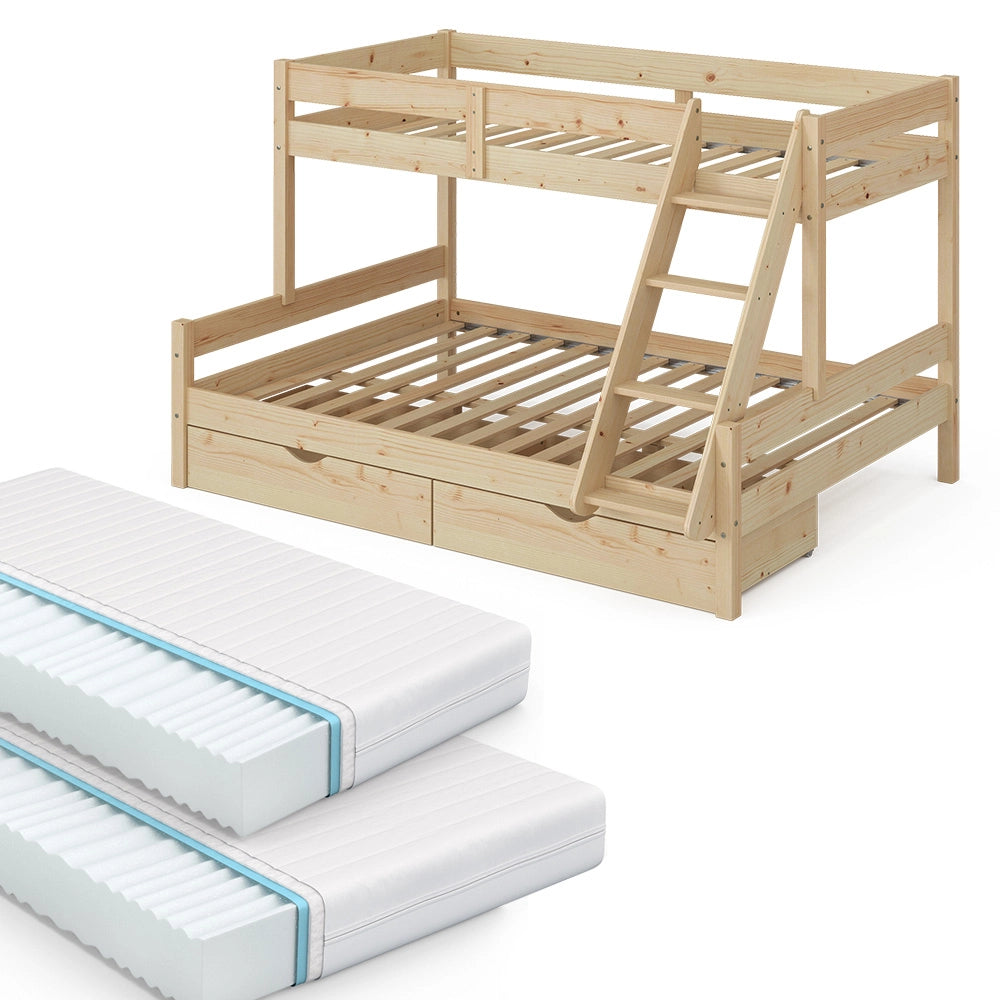 Vitalispa Letto a castello Legno naturale 140x200 / 90x200 cm con 2 materassi e 2 cassetti