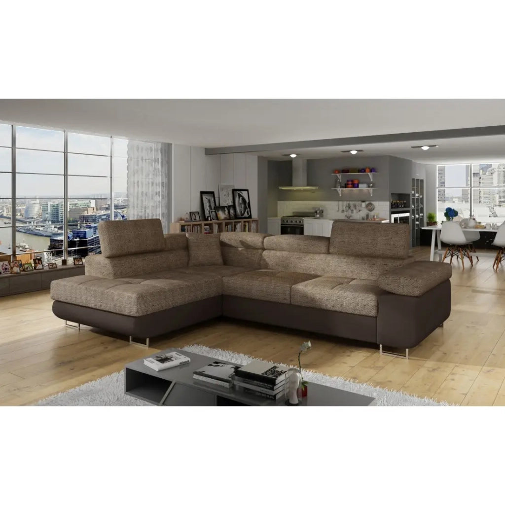 Divano angolare trasformabile MENTON beige e cioccolato bouclé – Angolo sinistro con vano contenitore