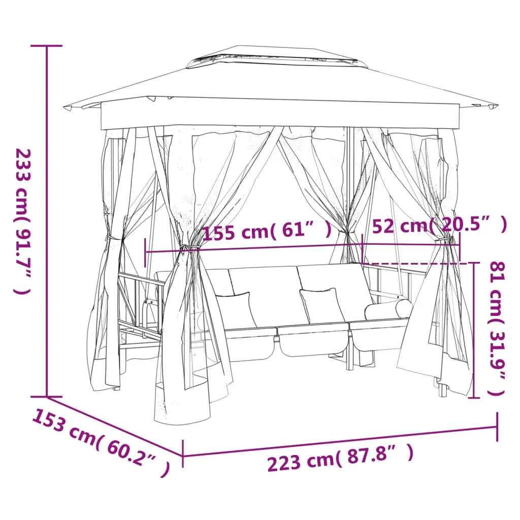 Gazebo con Panca a Dondolo Convertibile Verde Tessuto e Acciaio 363327