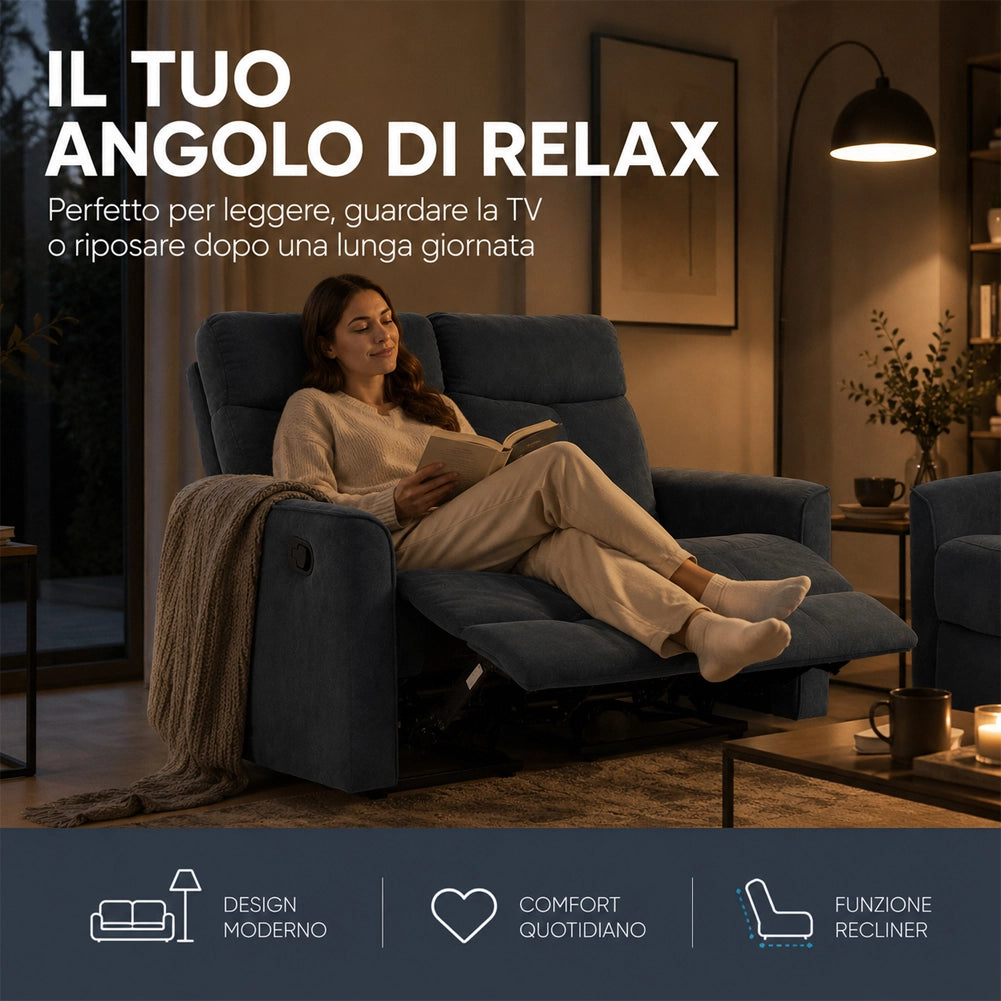 Divano 2 Posti Recliner Manuale Poltrona Reclinabile 2 Posti Grigio 132x96x103cm