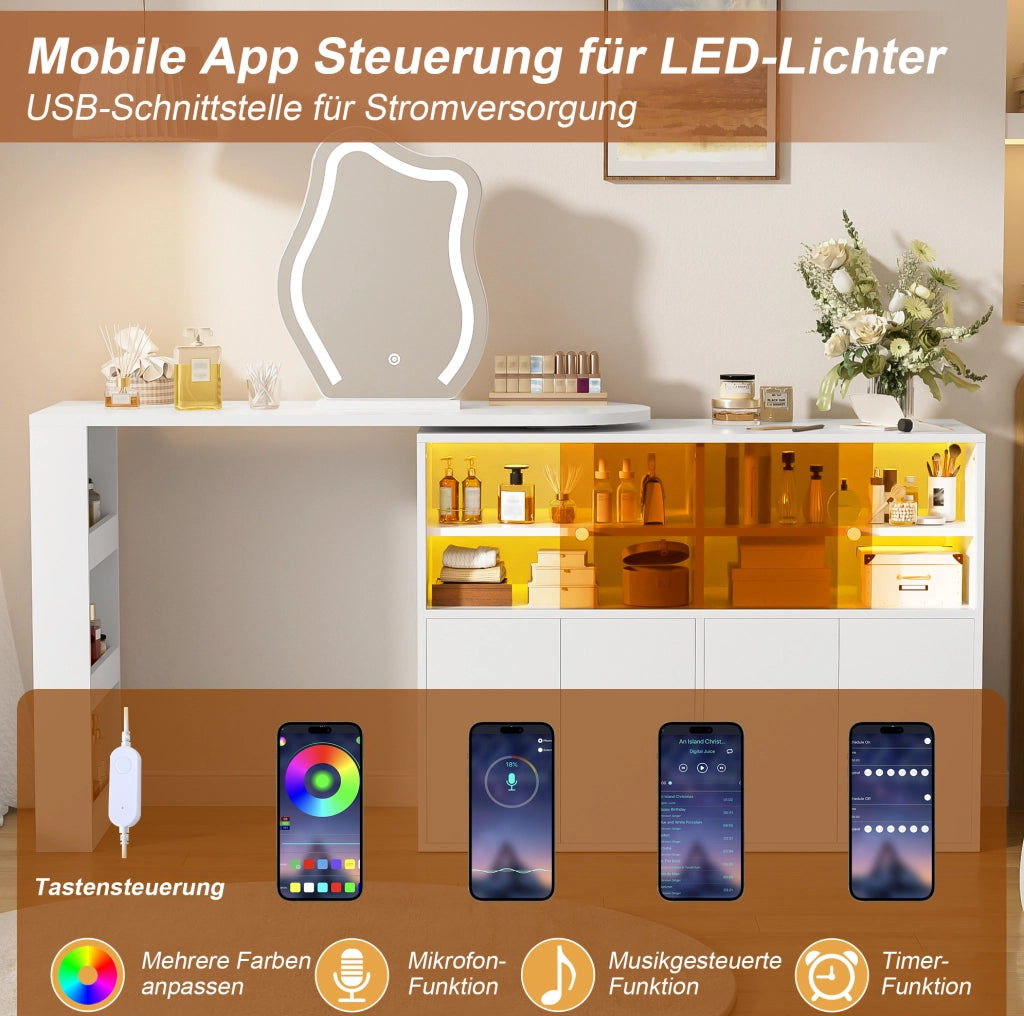 Toeletta girevole a L con specchio LED dimmerabile e contenitore, bianca 177×40×131,5 cm