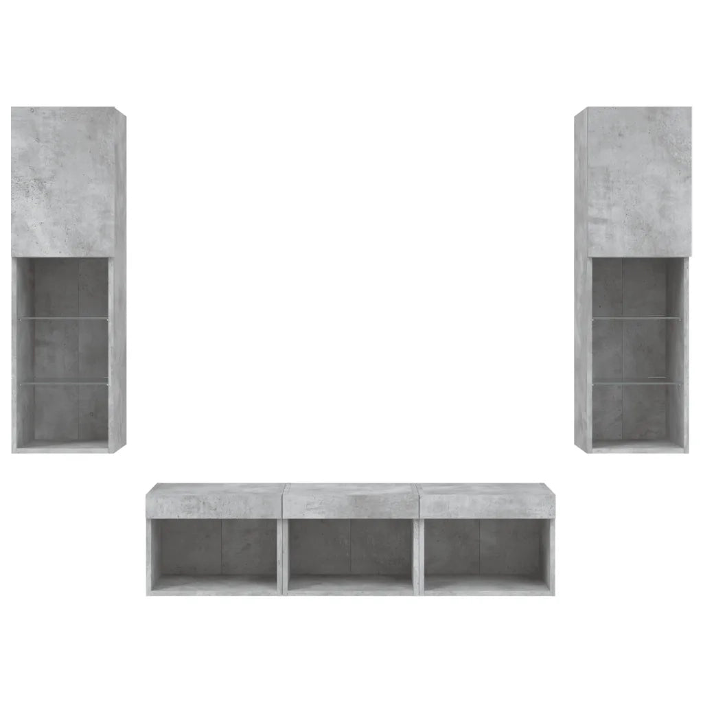 Mobili TV a Muro con LED 5pz Grigio Cemento Legno Multistrato