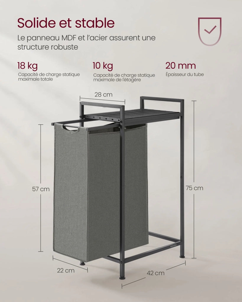 Cesto portabiancheria con 3 scomparti e 1 ripiano rimovibile per sacchetti capacità 38 litri per sacchetto per bagno/lavanderia grigio 12_0006768