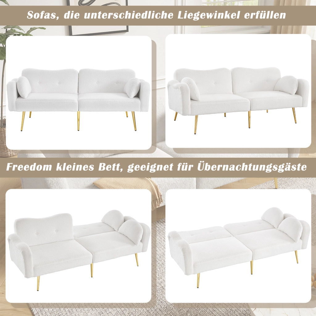 Divano Letto 2 Posti con Schienali Regolabili in 3 Posizioni e 2 Cuscini, in Tessuto Misto Bianco 155 × 85.5 cm
