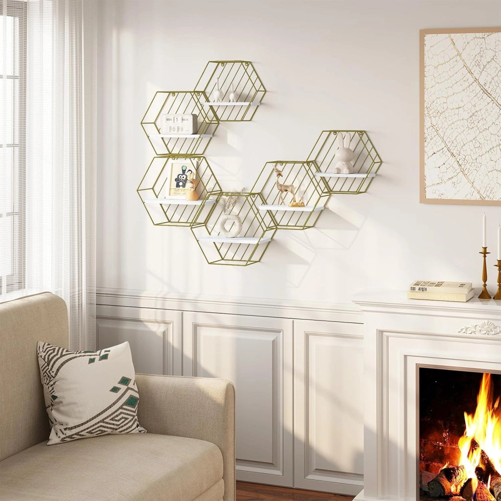 Set di 6 Mensole da Muro, Mensole Sospese per Cameretta, Cucina, Bagno, Decorazione da Parete per Soggiorno, Pannello Bianco+Telaio Dorato, MDF+Metallo