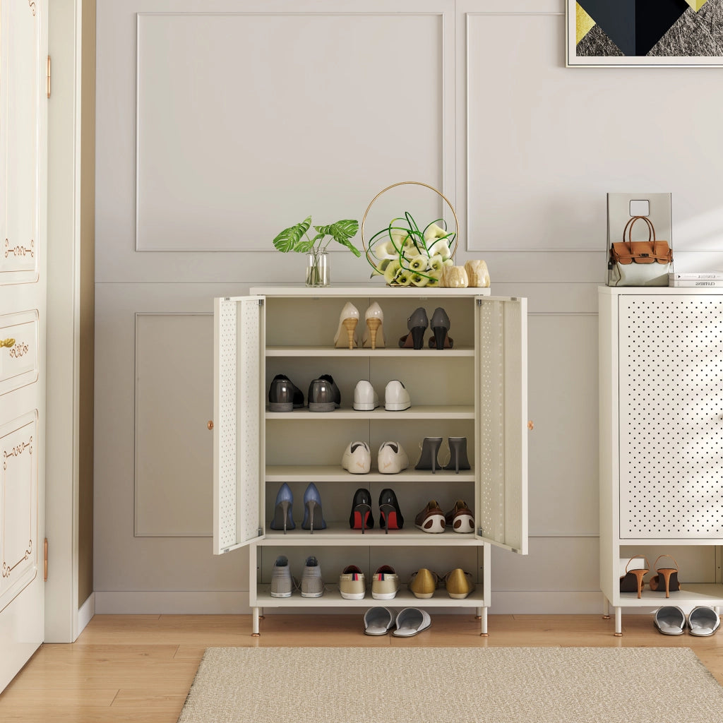 Scarpiera Coleraine con 2 Ante 3 Ripiani Regolabili e Scomparto Aperto 115 x 80 x 35 - Acciaio Bianco Crema [en.casa]
