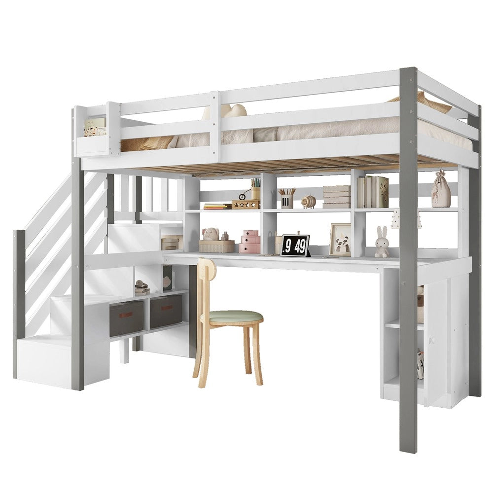 Letto a Soppalco con Scrivania e Contenitore ¨C MINIMAL ¨C Pino e MDF, Bianco e Grigio, 90x200