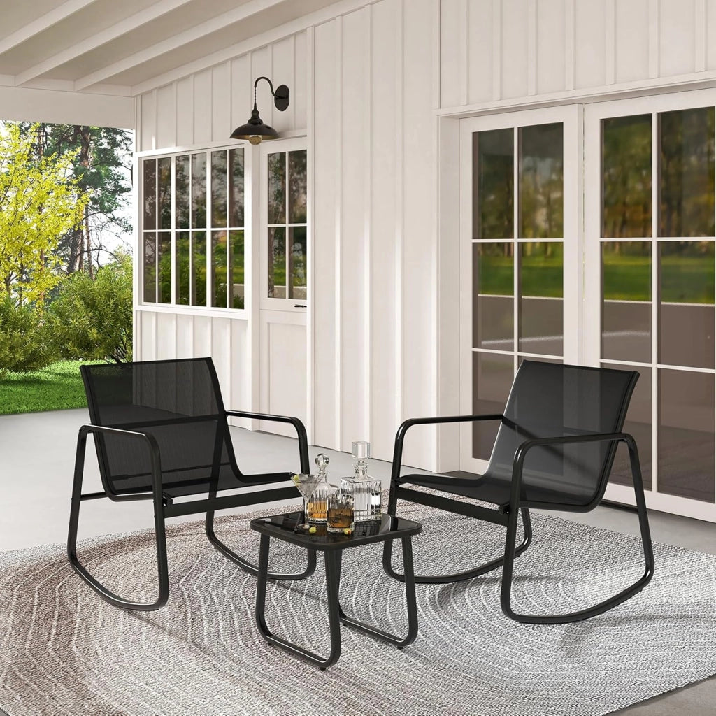 Set da Bistrò in Tessuto Textilene, Set da Giardino in 3 Pezzi, Tavolo Portato 50 kg, 2 Sedie a Dondolo Portate 150 kg, Set Tavolo e Sedie da Esterno, Nero (Nero)