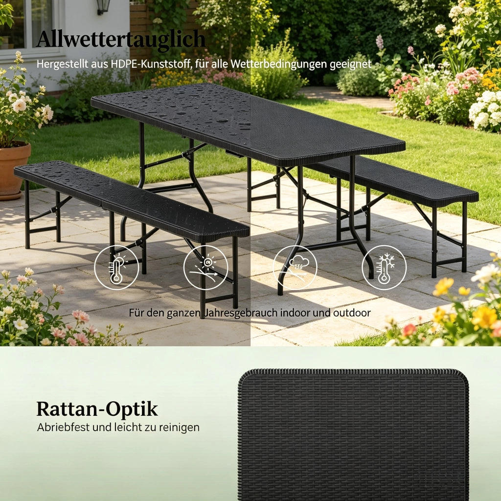 SET DA GIARDINO PIEGHEVOLE 180x74x70 cm HDPE NERO per 8-10 persone