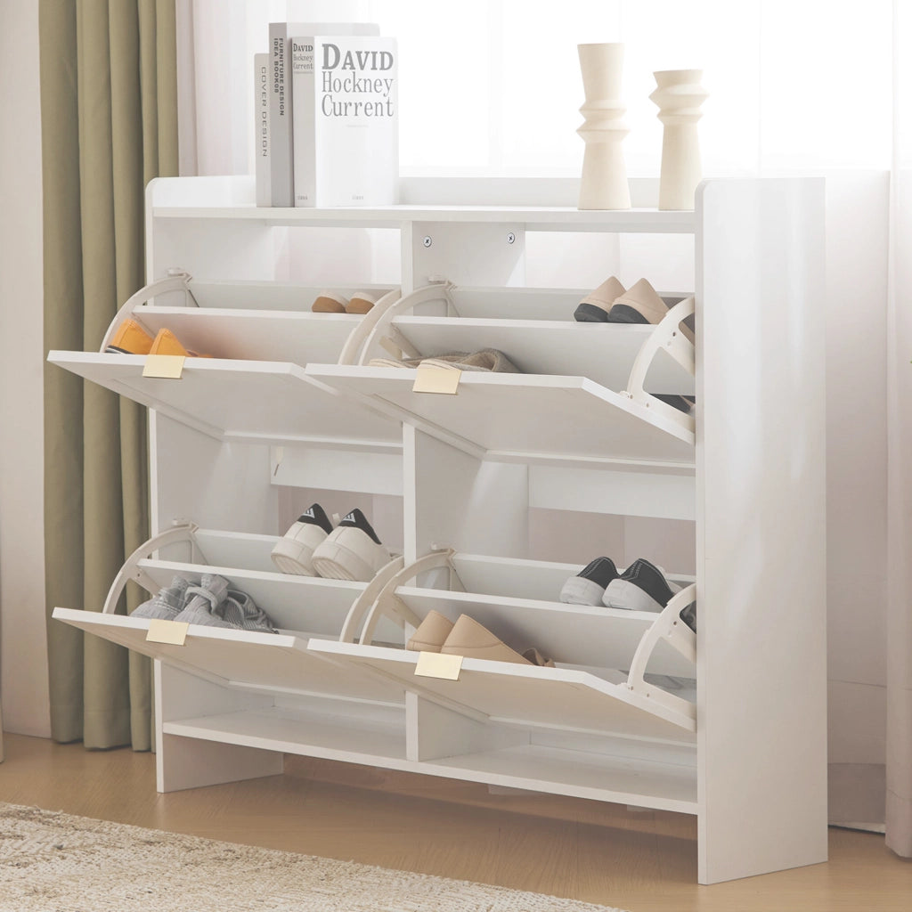 OKWISH Scarpiera con 4 Ante a Ribalta, Ripiani Regolabili e Vani Aperti, per Ingresso, Bianca, 110×24×90 cm