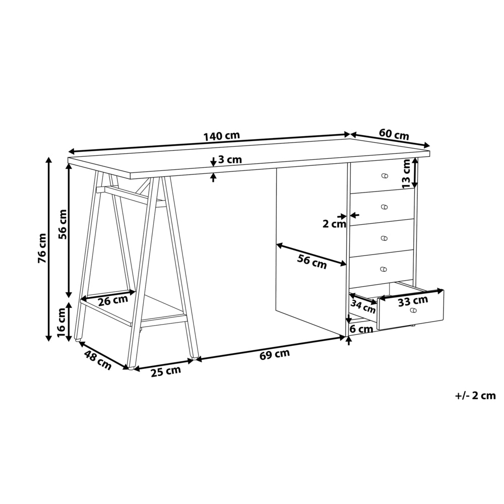 Scrivania per computer Home Office Piano in legno chiaro 140 x 60 cm con cassetti Cornice bianca