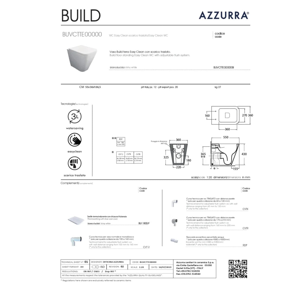 Wc a Terra Senza Brida Azzurra Ceramica "Build" Bianco Lucido