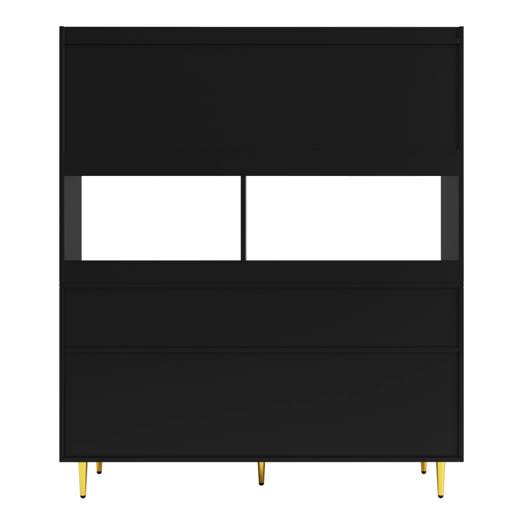 Credenza 145x39x171 cm con ante in vetro Changhong e portabottiglie; MDF e metallo; nero