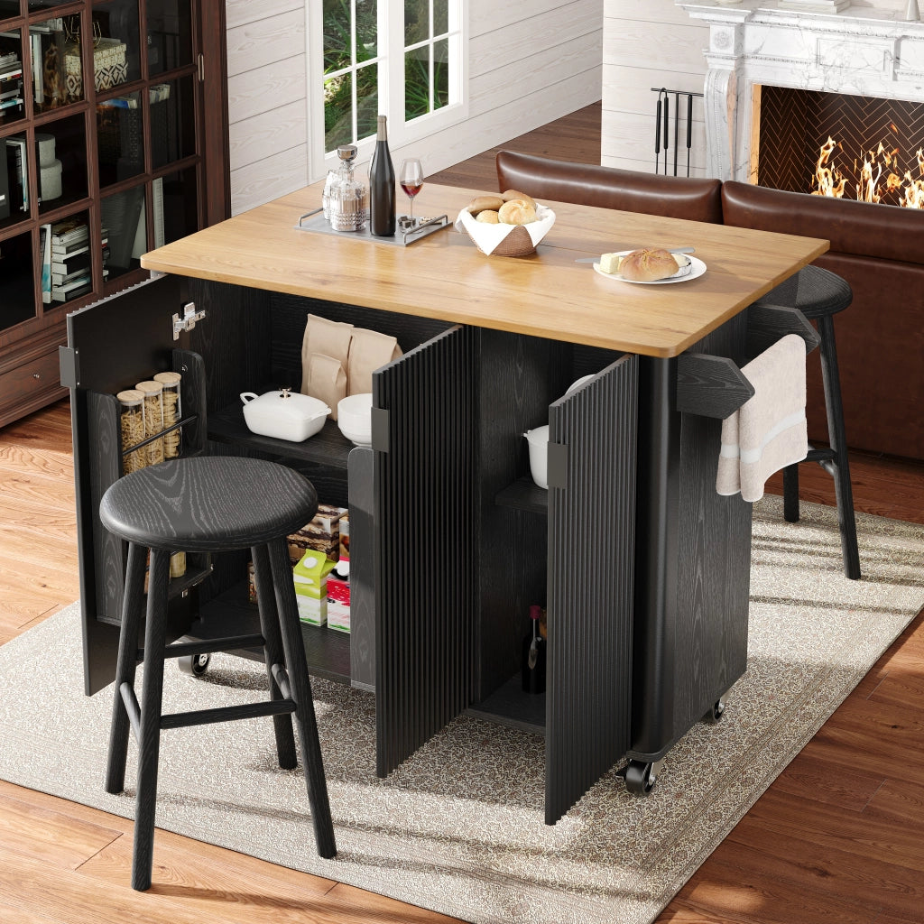 ISOLA CUCINA 130x45(75)x92 cm in MDF Nero con ruote