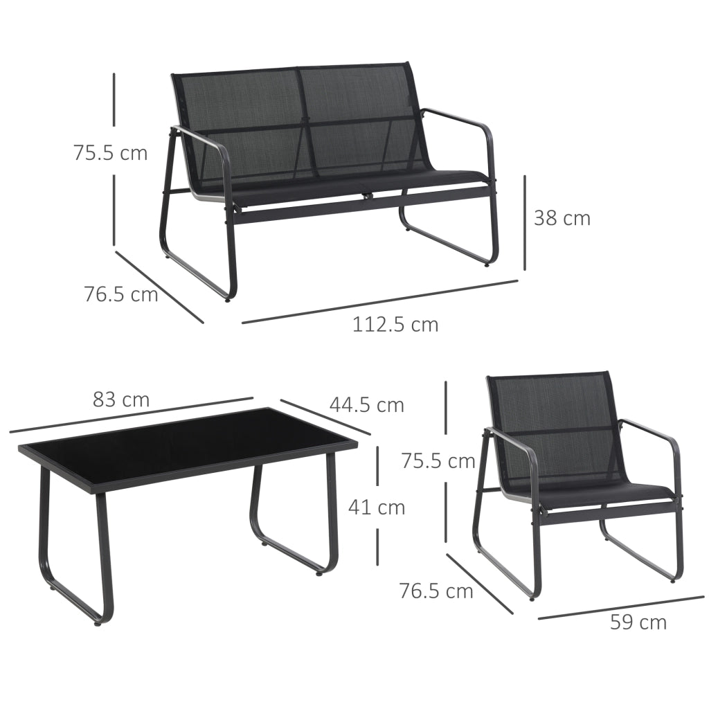 Set Salotto da Giardino 4 Pezzi ¨C Zephmum ¨C Divanetto 2 Posti, 2 Sedie e Tavolino in Vetro, Nero