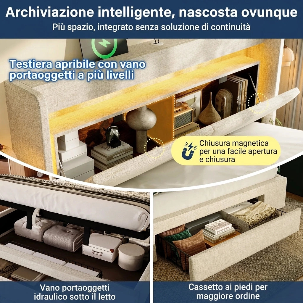 Letto Matrimoniale 160x200 con Contenitore; Testiera LED e Prese USB; Letto Imbottito in Lino Beige