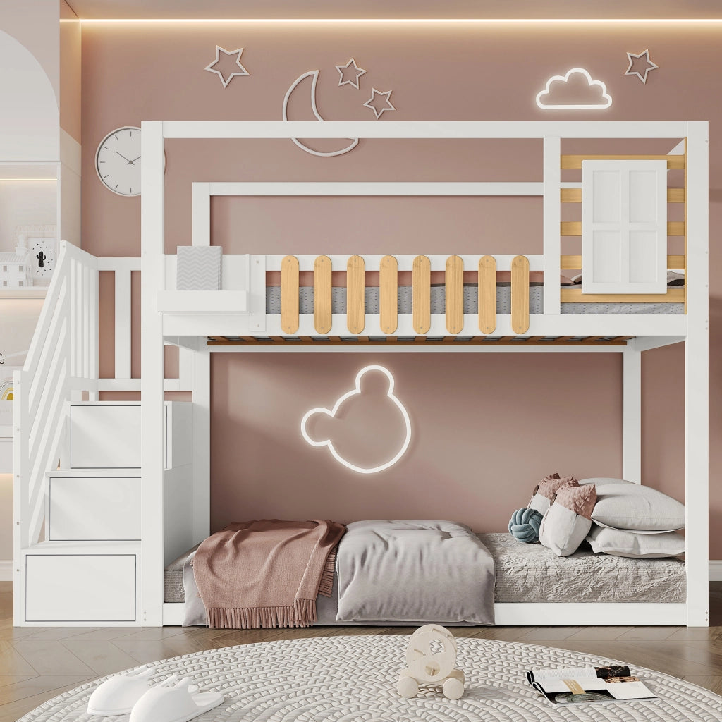 Letto a castello con scala, finestra e vani contenitore, 90x200 cm, bianco e naturale