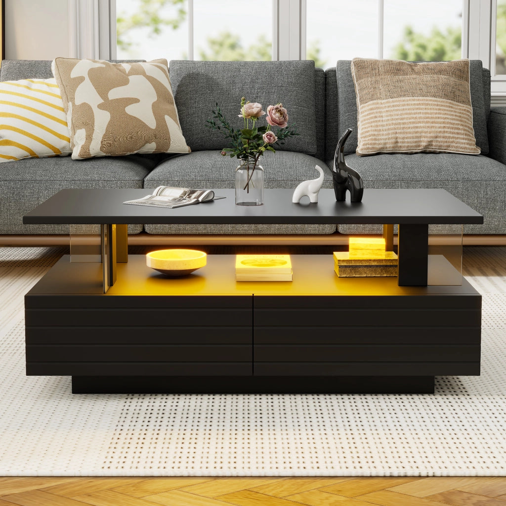 TAVOLO DA CAFFÈ LED 100x50x42 cm in acrilico nero con 2 cassetti