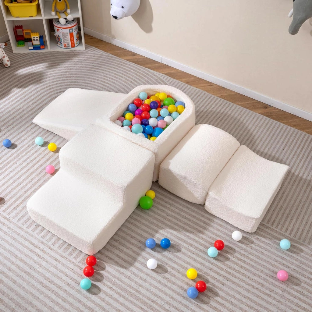 Blocchi da Arrampicata in Schiuma per Bambini, con Piscina di Palline, Set di 5 Pezzi per Arrampicata e Strisciamento, Set da Gioco da Interno per Bambini 3 Anni+ (Beige,Sherpa)