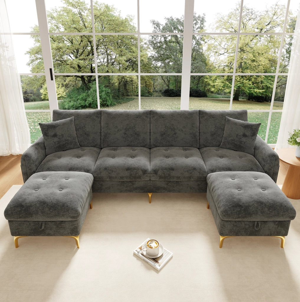 Divano modulare angolare 4 posti con 2 pouf contenitori e 2 cuscini decorativi, 263×137×85 cm, grigio