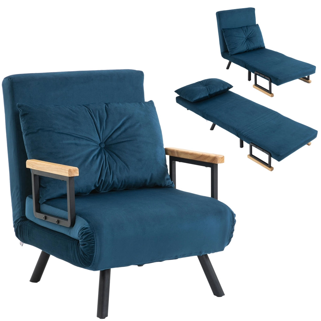 Poltrona letto convertibile 1 posto ¨C Xylo ¨C tessuto effetto velluto blu con braccioli in legno