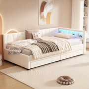 Letto singolo 90 ¡Á 200 cm con due cassetti USB e Type-C LED in lino e MDF beige