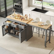 Mobili da cucina, isola da cucina, tavolo da pranzo allungabile, con rotelle, 3 cassetti, finitura effetto legno, grigio e color legno naturale
