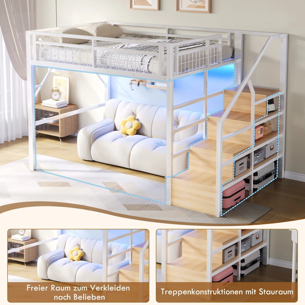 DESMIU Letto a soppalco 2 posti con scala contenitore e LED regolabile 140 × 200 cm, senza materasso, bianco