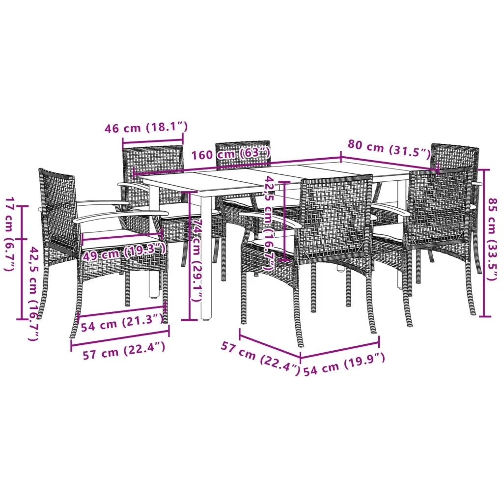 Set da Pranzo da Giardino 7 pz con Cuscini Beige in Polyrattan