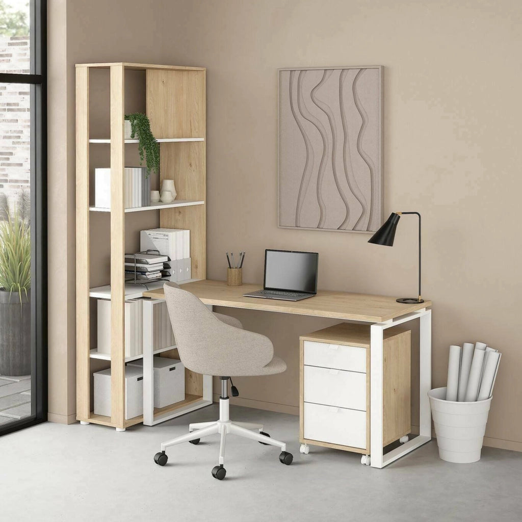 Scrivania Etienne, Scrittoio multiuso, Tavolo per ufficio porta PC, Piano di lavoro, 184x80 h205 cm, Rovere e Bianco