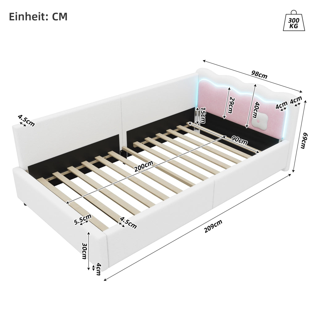 Letto daybed 90x200 cm con illuminazione LED, struttura resistente e design moderno